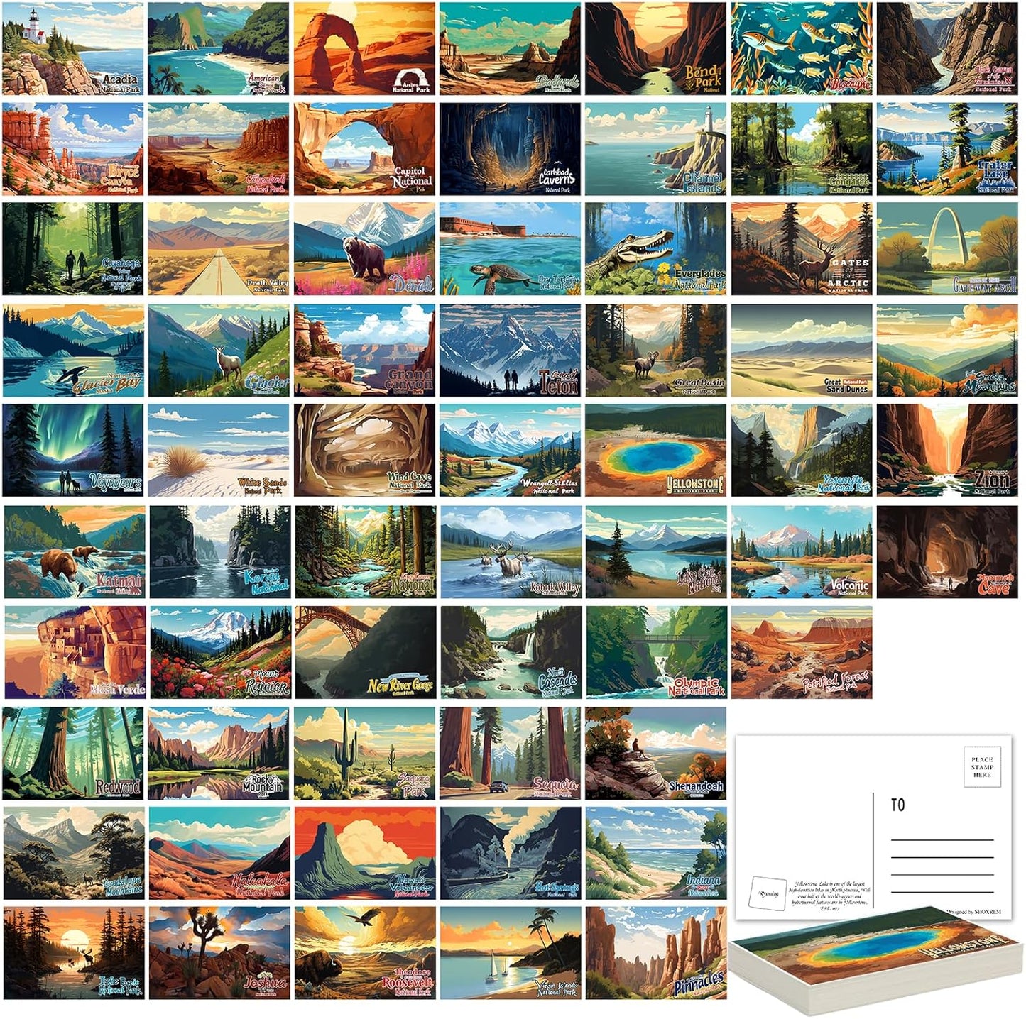 SHOXREM National Parks Theme Postcard Set: Horizontal Vintage Travel Posters Wall Decoration - 63 Abstract U.S. Parks Illustrations, 6 W x 4 H