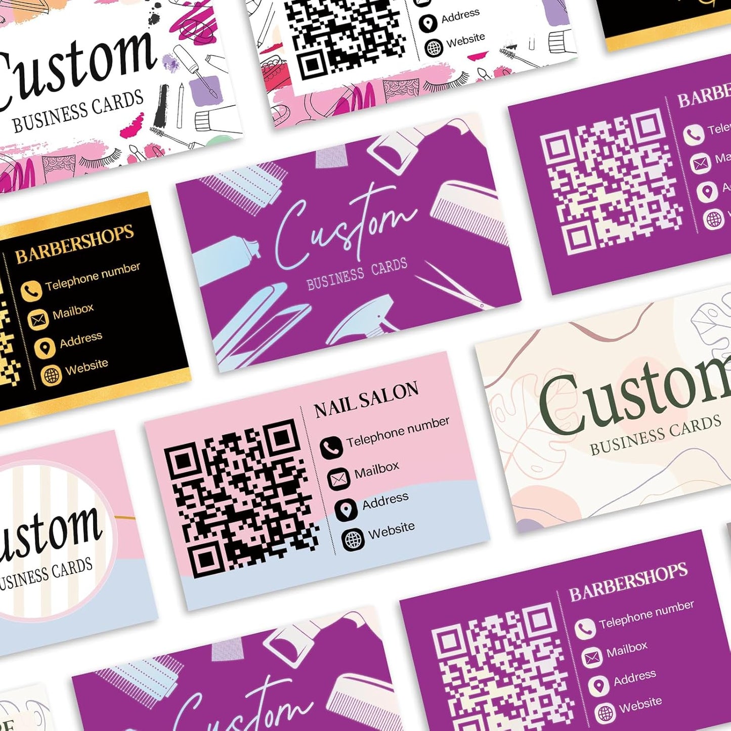 Custom Business Cards - Customizable Logo/Text/QR Code, 300gsm Matte Paper Front & Back Sides Printed, for Beauty Store, Nail Salon, Barber Store