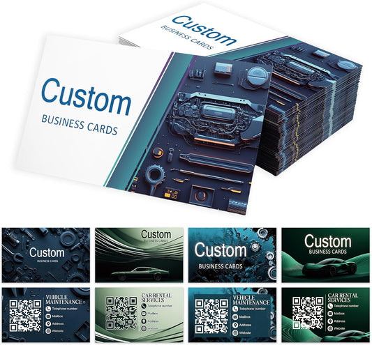 Custom Business Cards - Customizable Logo/Text/QR Code, 300gsm Matte Paper Front & Back Sides Printed, for Auto Repair Stores, Car Rental Stores