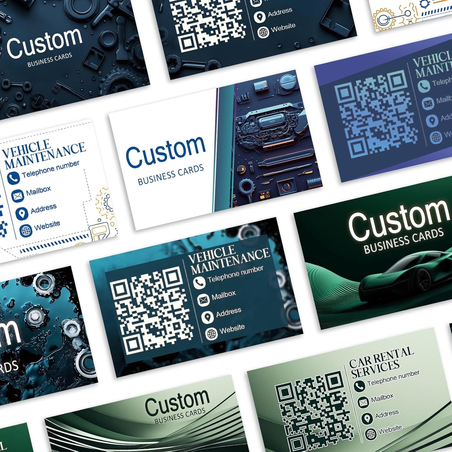 Custom Business Cards - Customizable Logo/Text/QR Code, 300gsm Matte Paper Front & Back Sides Printed, for Auto Repair Stores, Car Rental Stores