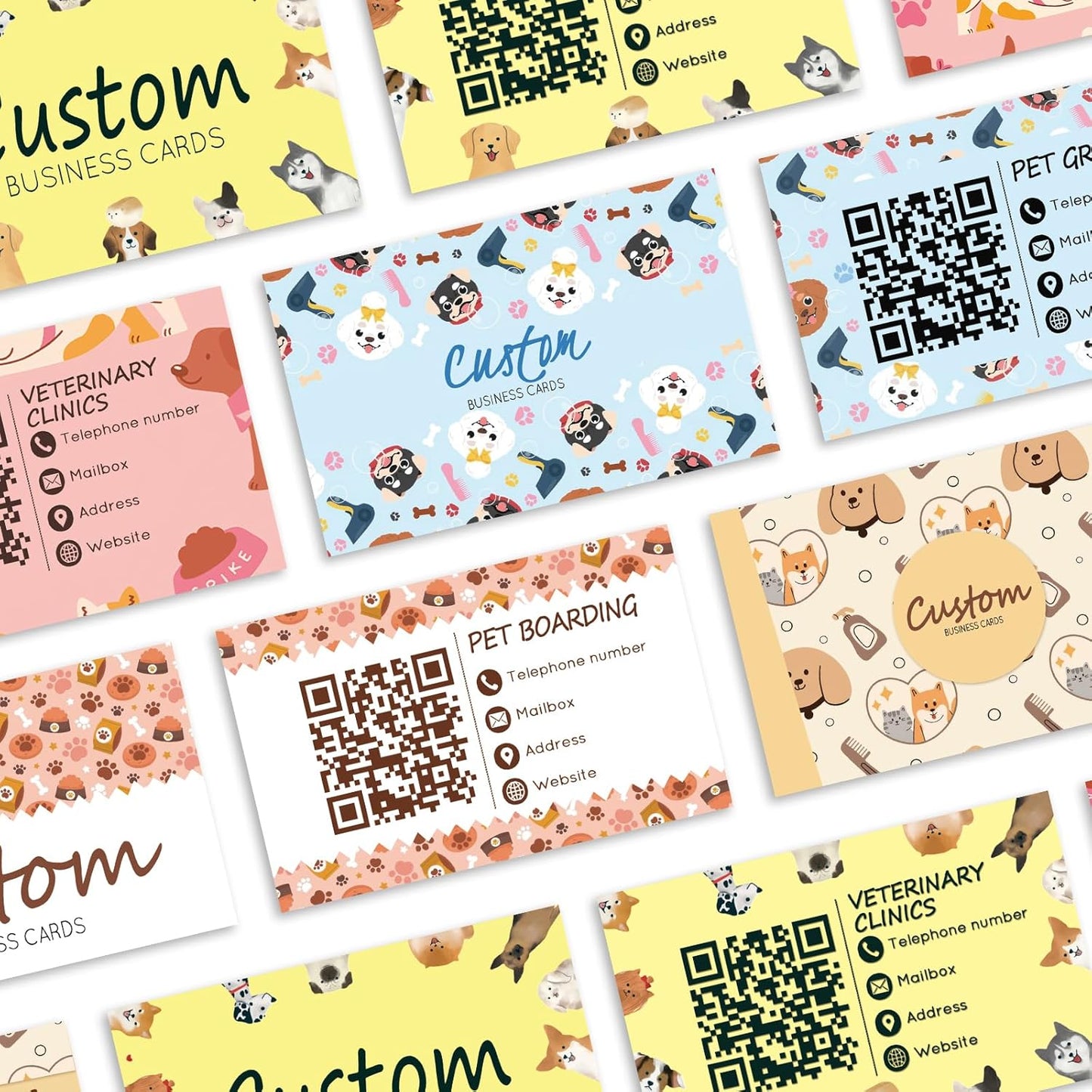 Custom Business Cards - Customizable Logo/Text/QR Code, 300gsm Matte Paper Front & Back Sides Printed, for Pet Shop, Dogs, Cats